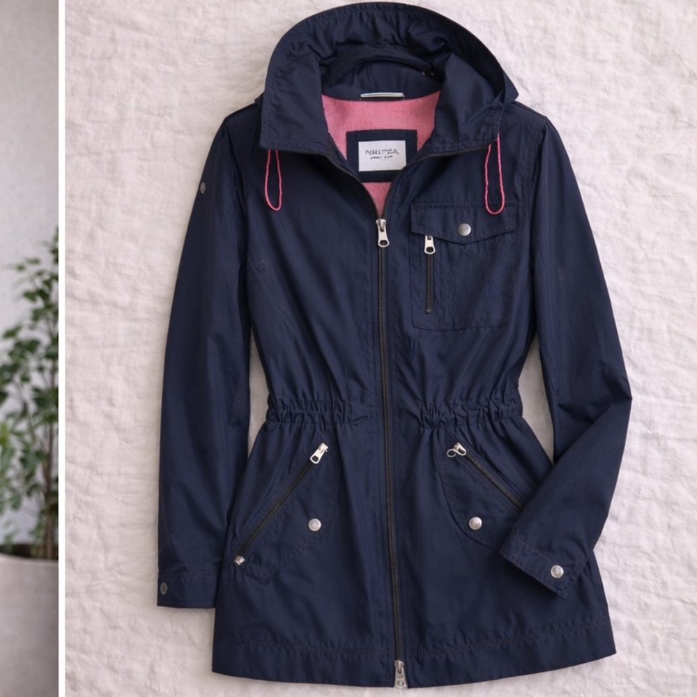 Nautica Navy Hooded Rain Jacket | Water-Resistant Cinched Waist